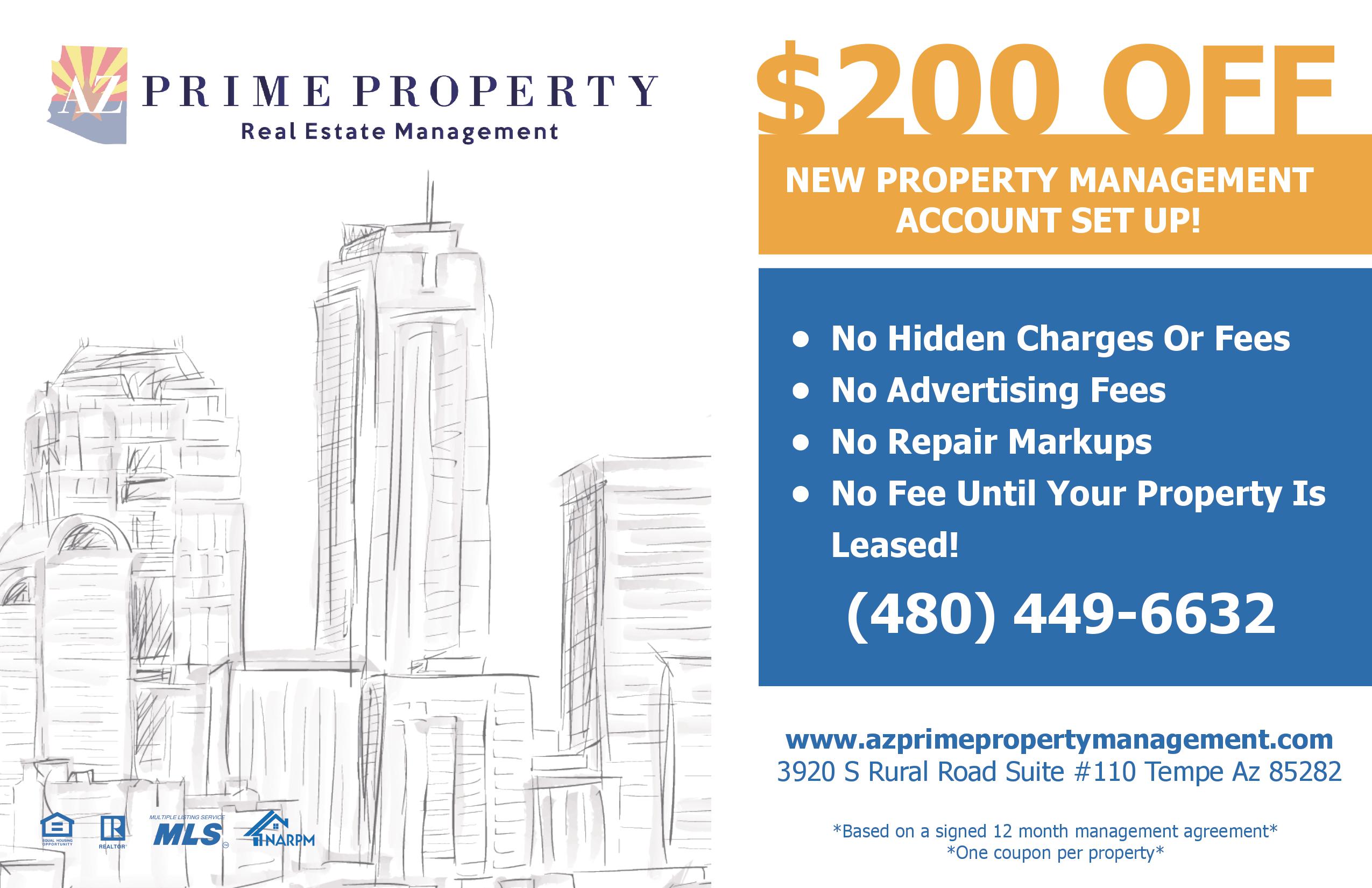 A promotional image boasting $200 off a property management account set up. With a provided (480) 449-6632 phone number to call.